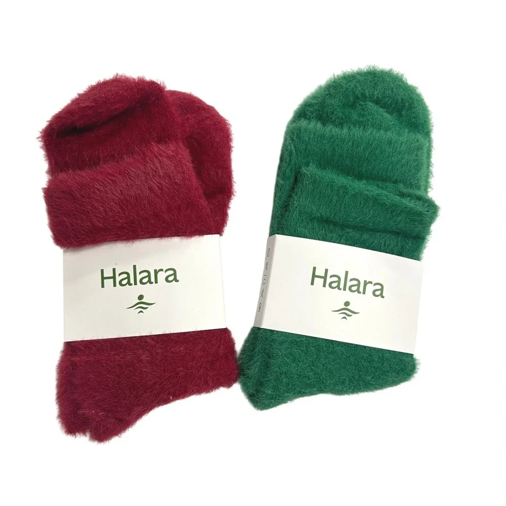 Halara Fuzzy Plush‎ Crew Socks 2 Pair Set One Size Red Green Christmas Cozy Gift